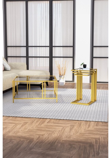 Uranüs Gold Orta Sehpa Füme Cam & İbiza Gold Zigon Sehpa Füme Cam