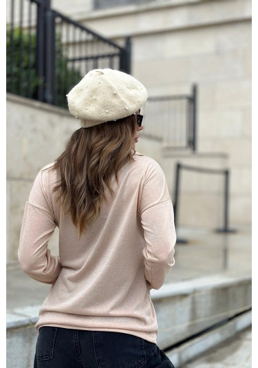 Kadın Bej Basic Stil Polo Yaka Uzun Kollu Keten Bluz Sweatshirt Bej