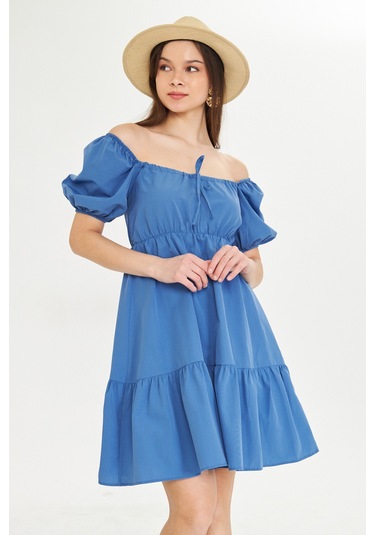 Kutaf Beli Lastikli Buzgulu Poplin Elbise Orta Mavi