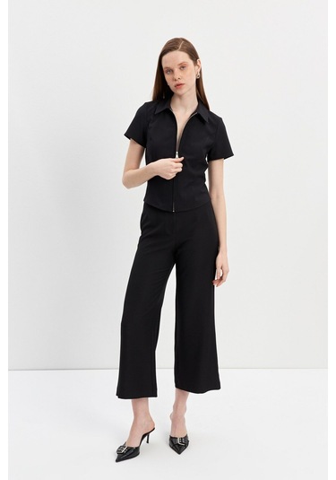 Stella Pulvis Siyah Fermuarlı Slim Fit Kuplu Bluz