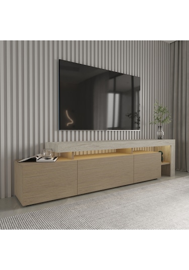 Beliz Modern Led Işıklı 3 Kapaklı, Raflı Tv Sehpası 192 Cm Traverten/sıcak Meşe