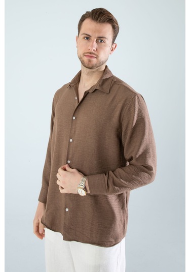 Rahat Kesim Keten Dokulu Gömlek S.kahve