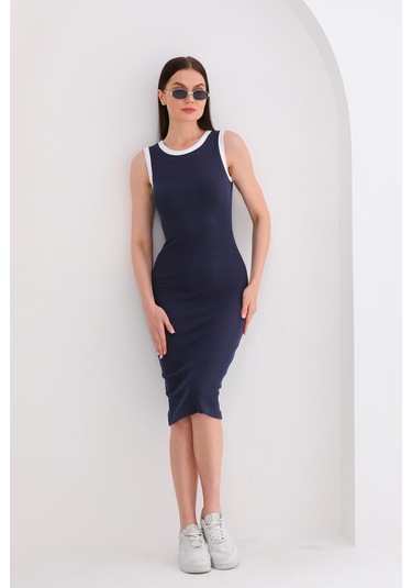 Beyaz Biyeli Kolsuz Diz Altı Fitilli Esnek Lacivert Kalem Elbise