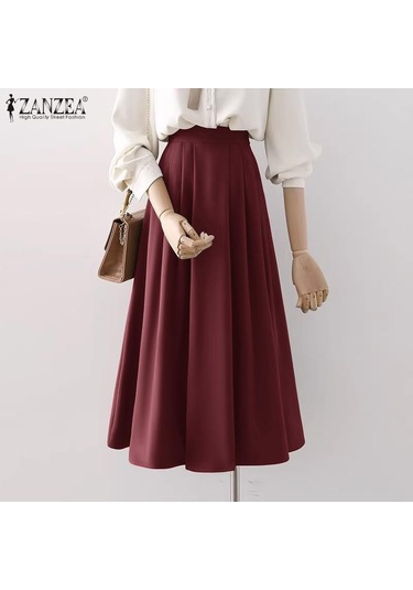 Zanzea Yaz Kadın Yüksek Bel Pileli Düz Renk Bol A Kesim Etek Kahverengi