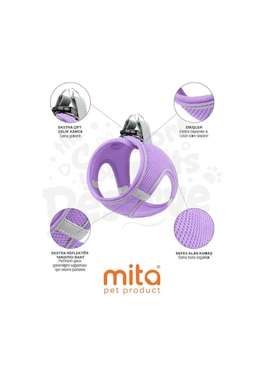 Mita Air Mesh Kedi Köpek Göğüs Tasması Çift Reflektörlü, Terletmeyen Lila