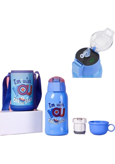 316 Kalite Paslanmaz Çelik Çocuklar İçin Soğuk Yalıtımlı Termos Bardak Led Işıklı Akıllı Isı Koruyucu Su Matarası 500 Ml Kapasiteli MAvi