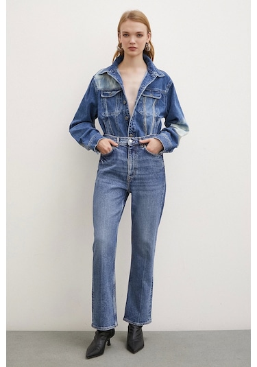 Never More Yüksek Bel Boru Paça Jean Mavi Mavi