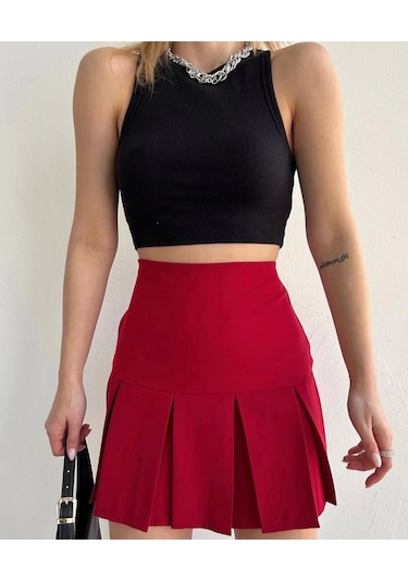 Altı Geniş Pileli Etek Bordo S24729 Bordo