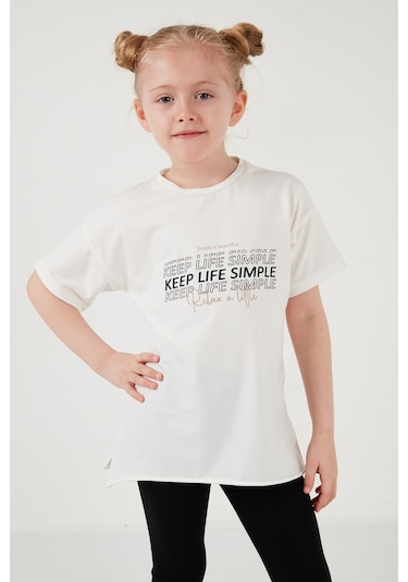 Lela Pamuklu Bisiklet Yaka Kısa Kollu Taytlı Alt-Üst Kız Çocuk Takım 6212007 Ekru