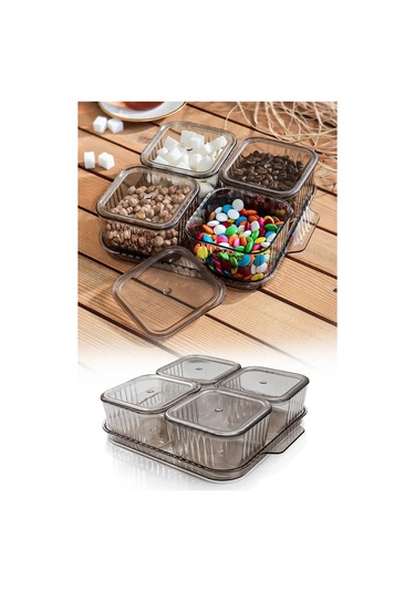 Orsa Home 4 Bölmeli Kapaklı Tepsili Çizgili Desen Lüx Kahvalılık Modern Sunum Seti Ve Saklama Kabı Şeffaf