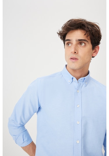 AC&Co / Altınyıldız Classics Tailored Slim Fit Dar Kesim Düğmeli Yaka Oxford Erkek Gömlek Mavi