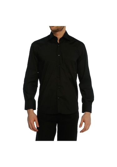 Siyah Klasik Kesim Uzun Kol Düz Renk Erkek Gömlek // 150-20 Siyah (345599757) Siyah