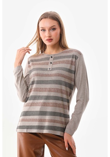 Sistas Kadın Desenli Bisiklet Yaka Uzun Kol Bluz 23596 Keten