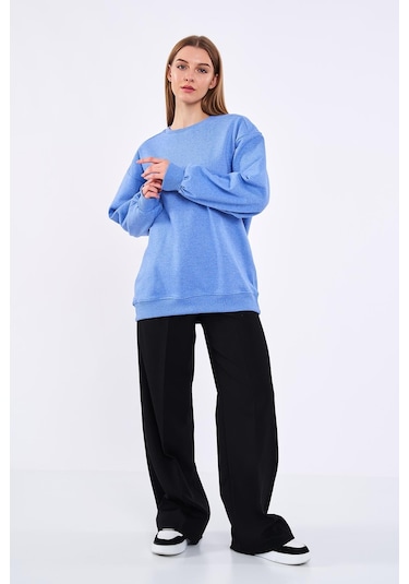 Comeor Mavi Kadın Pamuklu Oversize Basic Bisiklet Yaka Sweatshirt 001