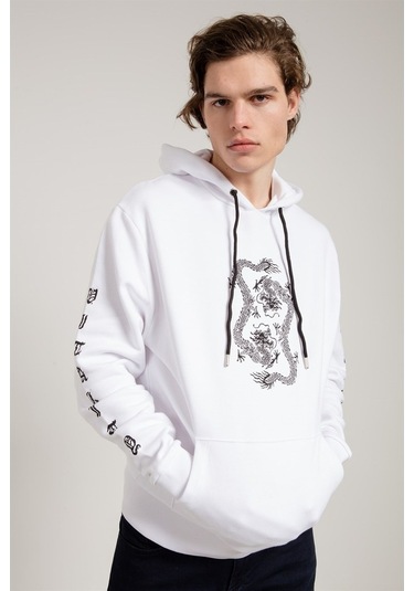 Jahr Marc Dragon Baskılı Beyaz Oversize Erkek Sweatshirt Beyaz