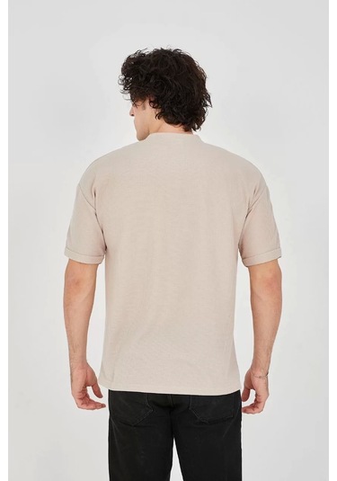 Unisex Waffle Kumaş Rahat Kol T-shirt - Bej Bej