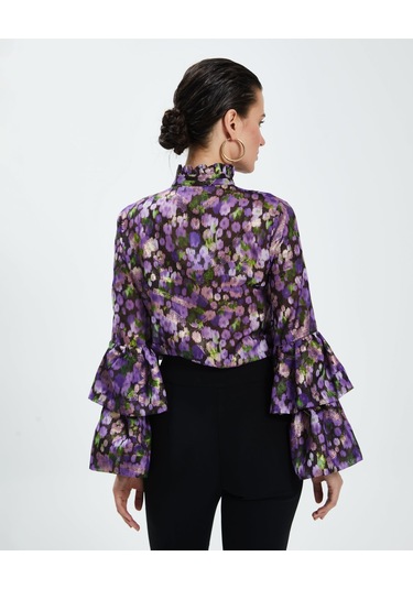 Volan Kollu Metalik Desenli Transparan Gömlek Işıltılı Ve Sofistike Stil Mor