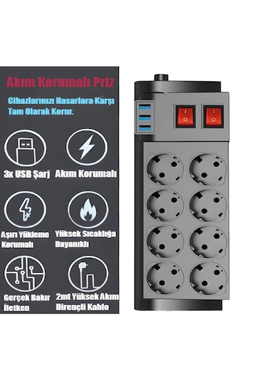 Ftr-08 4000w 16a Akım Korumalı 2 Anahtarlı 8'li Priz, 3 Usb Portl