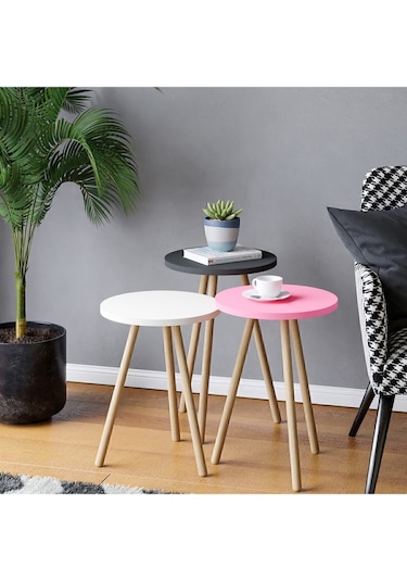 Renkli Üçlü Zigon Sehpa Ahşap Ayaklı Yuvarlak Pastel Tasarım Pembe Beyaz Gri