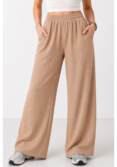 Trend Alisse Beli Lastikli Cepli Bol Paça Kadın Pantolon Vizon Camel - Vizon
