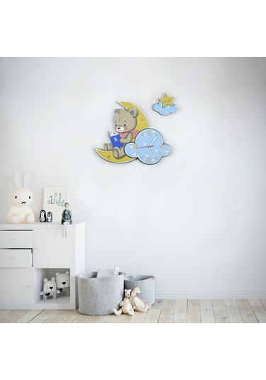 Sevimli Ay Ve Ayıcık Çocuk Odası Ahşap Duvar Saati Ahşap
