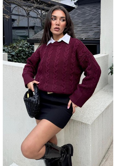 Madmext Bordo Bisiklet Yaka Örme Triko Kazak Mg2009 Bordo