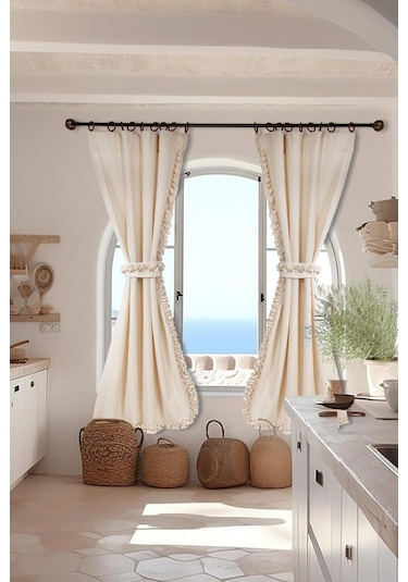 Naturel Perde Bohem Çift Kanat Büzgü Bantlı Krem