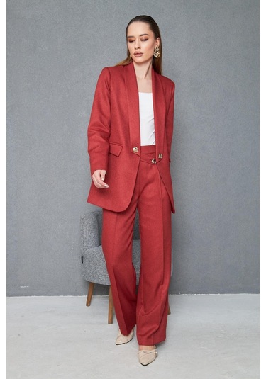 Kare Düğmeli Yünefekt Takım Kırmızı Kırmızı
