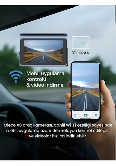 Mieco X8 Wifi /4K Uhd/ 170° Ultra Geniş Açı/ Kör Nokta / Adas/ Ön + Arka Araç Kamerası + Hafıza Kartı