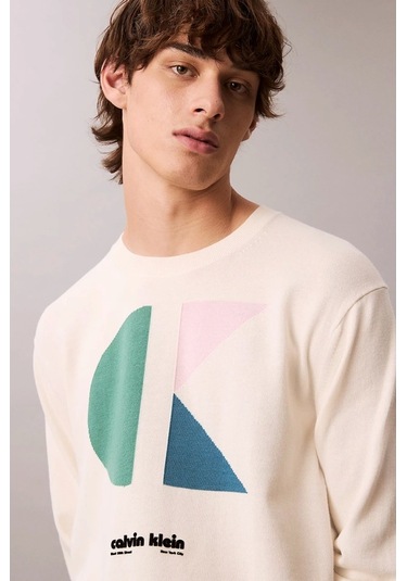 Calvin Klein Jeans Uzun Kollu Renk Bloklu Grafik Pamuklu Beyaz Erkek Kazak Lv04rc303g-yas Beyaz