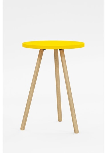 İntergo Yuvarlak Ahşap Ayaklı Tekli Zigon Yan Sehpa Sarı