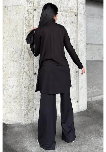 Siyah Asimetrik Kesim, Fermuarlı Bluz & Bol Paça Pantolon - Viskon İki İplik Kumaş Alt & Üst Takım Siyah