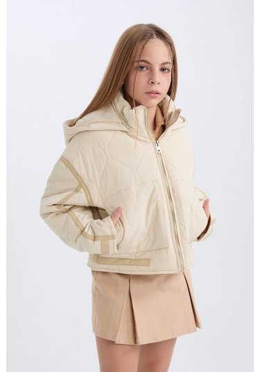 DeFacto Kız Çocuk Su İtici Kapüşonlu Fermuarlı Cepli Mont D6931A825SPBG759 Bej