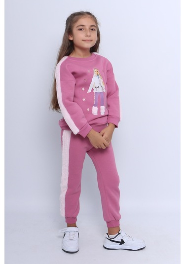 Kız Çocuk 3 İplik Eşofman Takımı Barbie Baskılı C22 LİLA