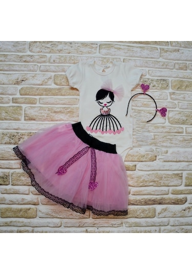 9-12-18 Ay Kalp Kız Nakışlı Taçlı Kısa Kollu Tütü Etek 3lü Kız Bebek Takımı