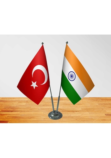 Masa Üstü Hindistan Bayrağı Türk Bayrağı İkili Krom Direk Masa Ba