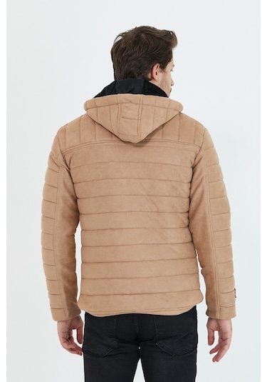 Erkek Vizon Dar Kesim Kapüşonlu Kalın Kumaş Süet Mont Vizon