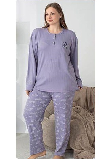 Lindros Kadın Pamuk'lu Düğme Yaka Raporlu İnterlok Kışlık Battal Pijama Takımı 05150 - 1 Adet Lila