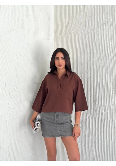 Crop Lucky Life Kadın Yakalı Gömlek Üç Çeyrek Sleeve Kol - Kahverengi Renkli