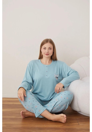 Lindros Kadın Pamuklu Düğme Yaka Raporlu İnterlok Battal Pijama Takımı 05108 - 1 Adet Yeşil