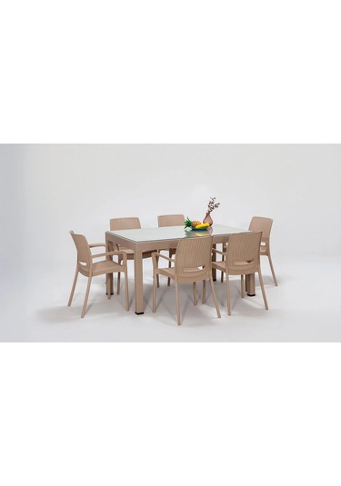 Rattan Camlı Lüx Cappucino Masa Takımı 90x150 Dikdörtgen Masa+6 Sandalye Bahçe Balkon Teras Cappucino