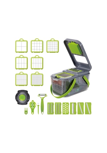 Cbtx 22'si 1 Arada Çok Fonksiyonlu Gıda Parçalayıcı Rende Soğan Dicer Sebze Kesici, 13 Paslanmaz Çelik Bıçaklı Gri