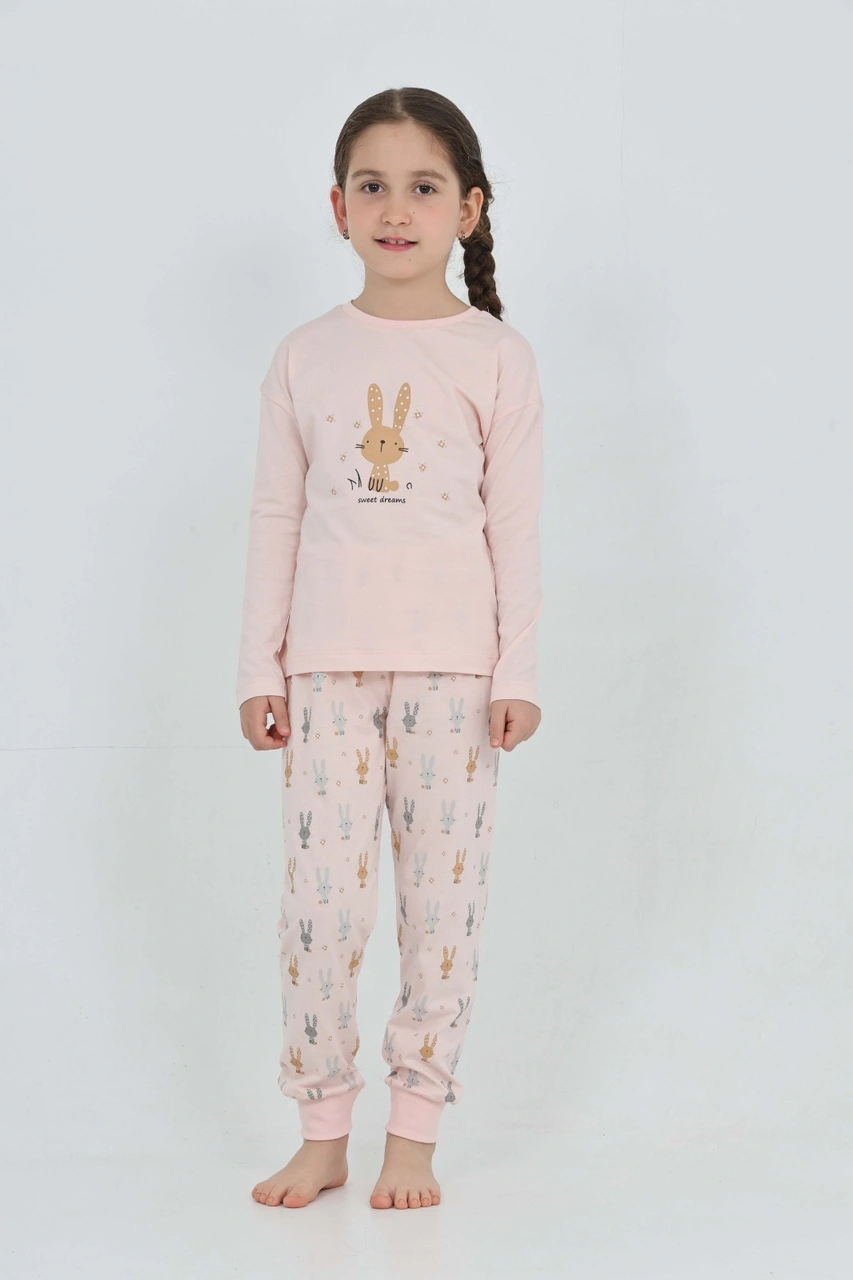 Toontoy Kız Çocuk Tavşan Baskılı Pijama Takım Pudra