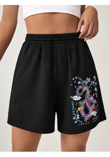 Siyah Kısa Renkli Dragon Şort - Penye Baskılı Kordonlu Siyah