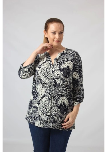 Moda Berray 3295 Lacivert Krem Karışık Desenli Viscon Kumaş Gömlek Siyah