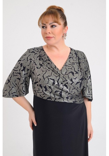 Lilas Xxl Kadın Büyük Beden Kruvaze Yaka Kısa Kollu Uzun Abiye Elbise 9670 Siyah Siyah