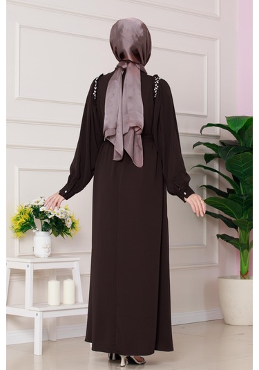 Omuzu Taş Detaylı Rose Elbise-kahverengi-4774 Kahverengi