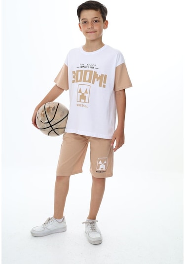 Erkek Çocuk Boom Baskılı Kısa Kollu Şortlu Takım-5909-Bej