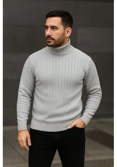 Erkek Balıkcı Yaka Bağazlı Triko Kazak Pamuklu Kalın Fitilli Dokuma, Regular Fit Uzun Kollu Kışlık Model - Gri Gri