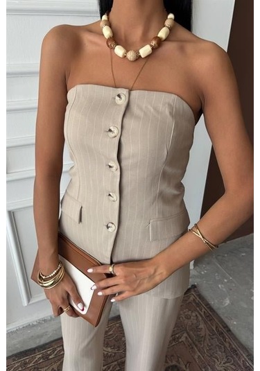 Straplez Büstiyerli Plazzo Pantolonlu Çizgili Takım 10151 Bej